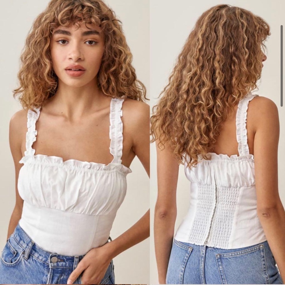 REFORMATION Candella linen ruched top - one strap has elastic outstretched